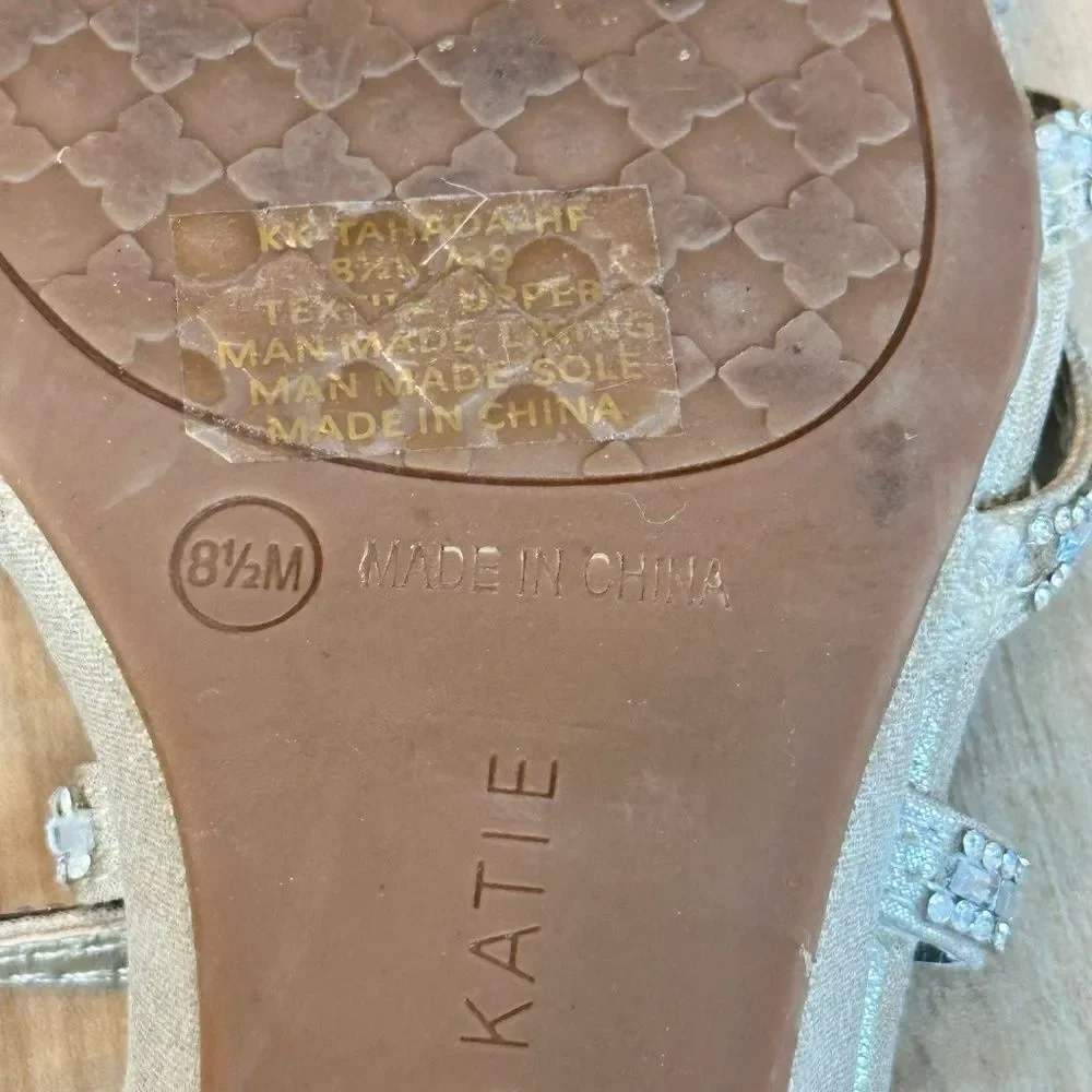Kelly & Katie Tahada Rhinestone Gold Wedge Heel Open Toe Strap Sandal Shoe 8 1/2